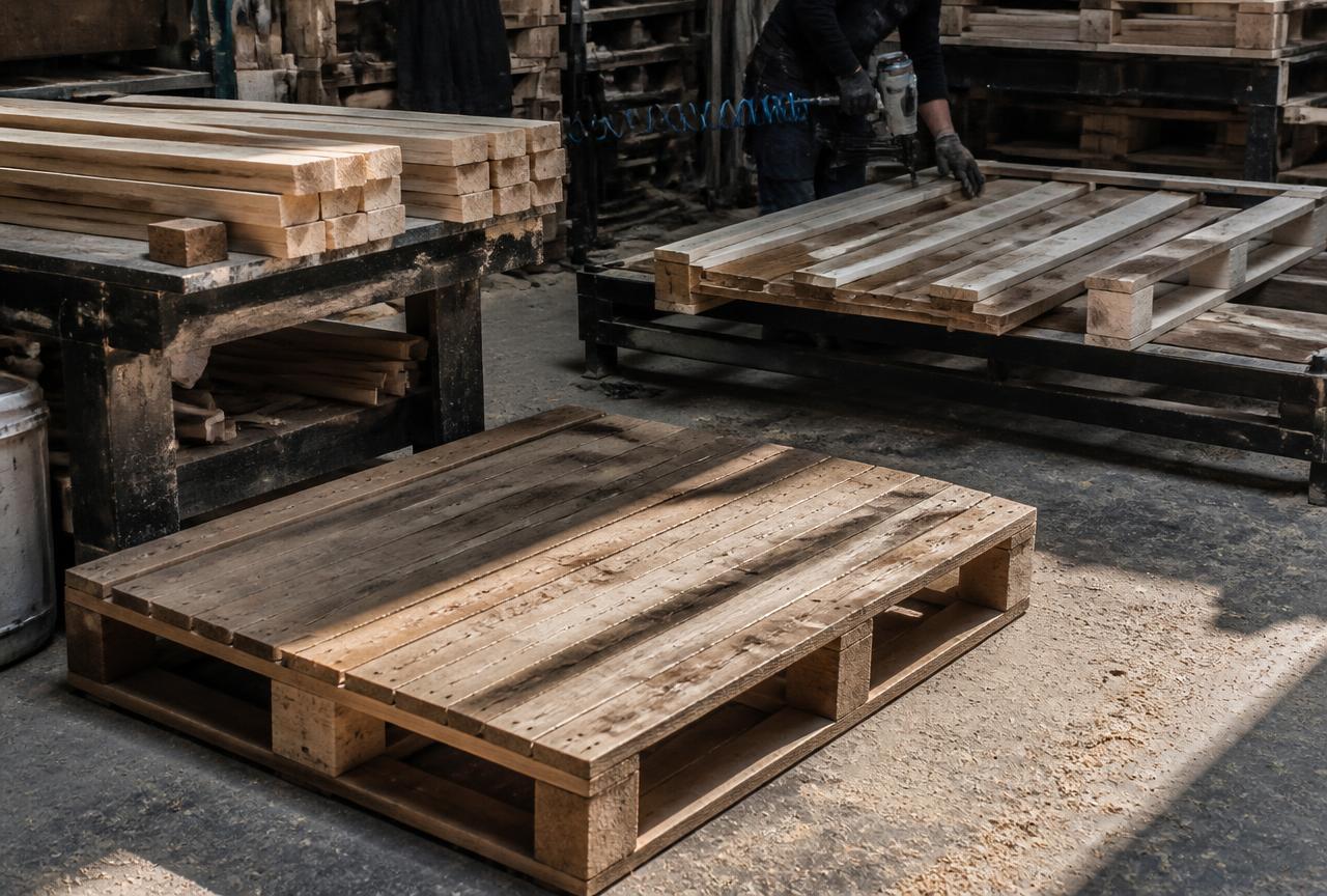 Bespoke timber pallets being assembled in a pallet workshop