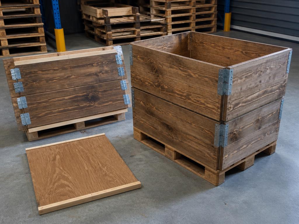 Hinged wooden pallet collars erected on a pallet with a plywood lid