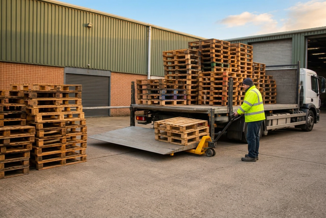 Flatbed lorry being loaded with unwanted used pallets at an industrial unit