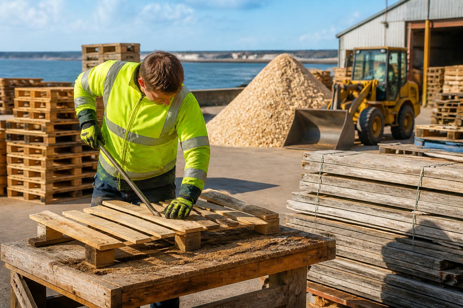 Timber pallets being dismantled for recycling with a chip pile
