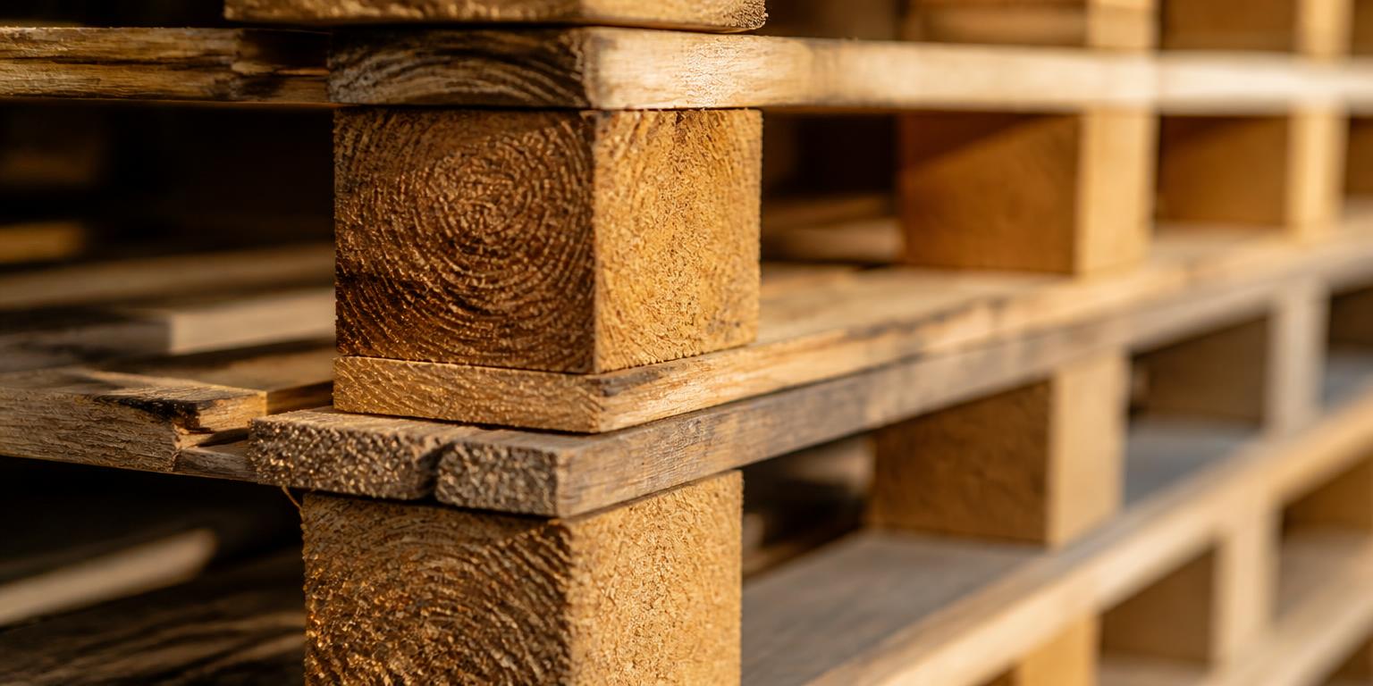 Close detail of stacked pallet deck boards and blocks in warm light