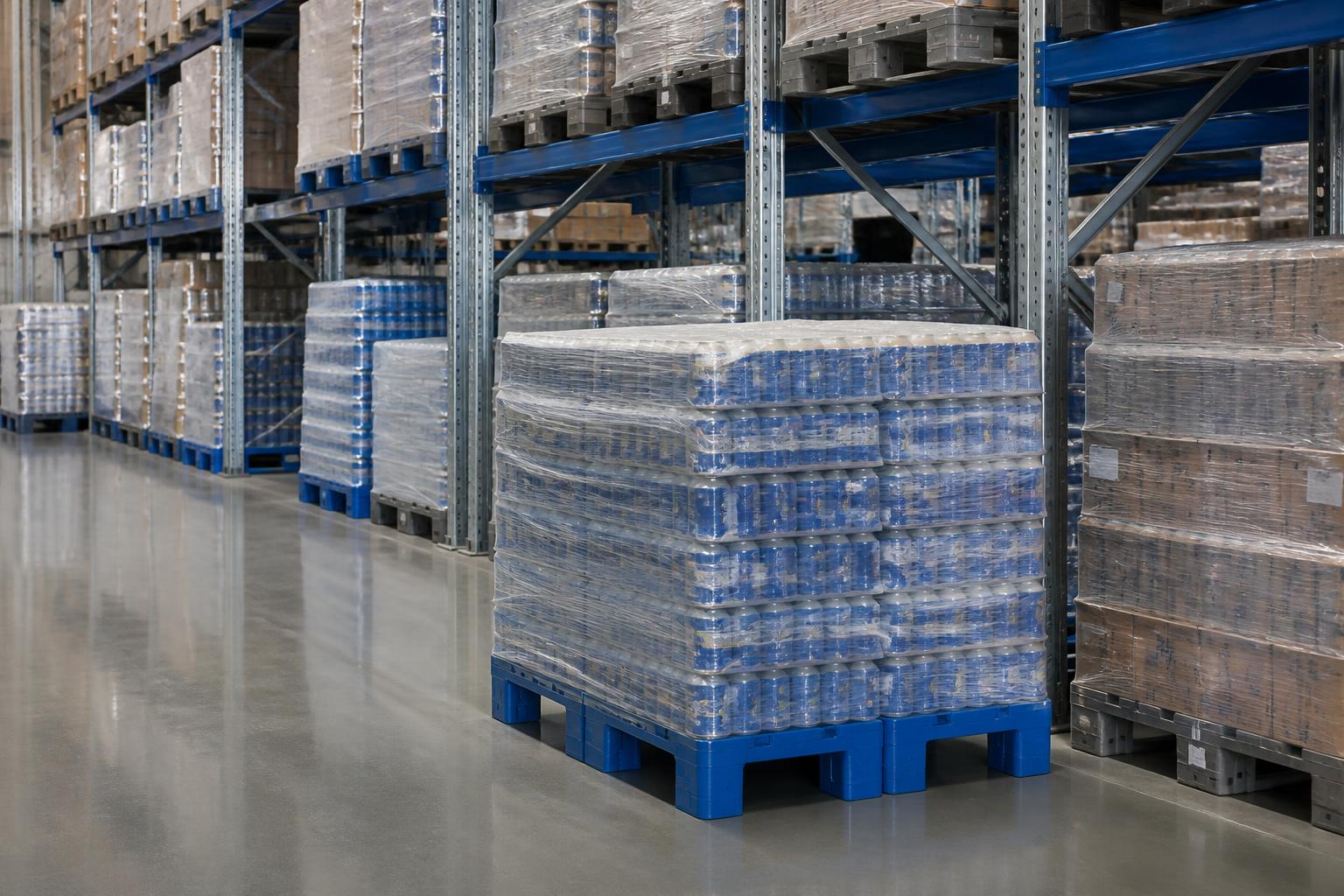 Plastic pallets in beam racking loaded with palletised drinks