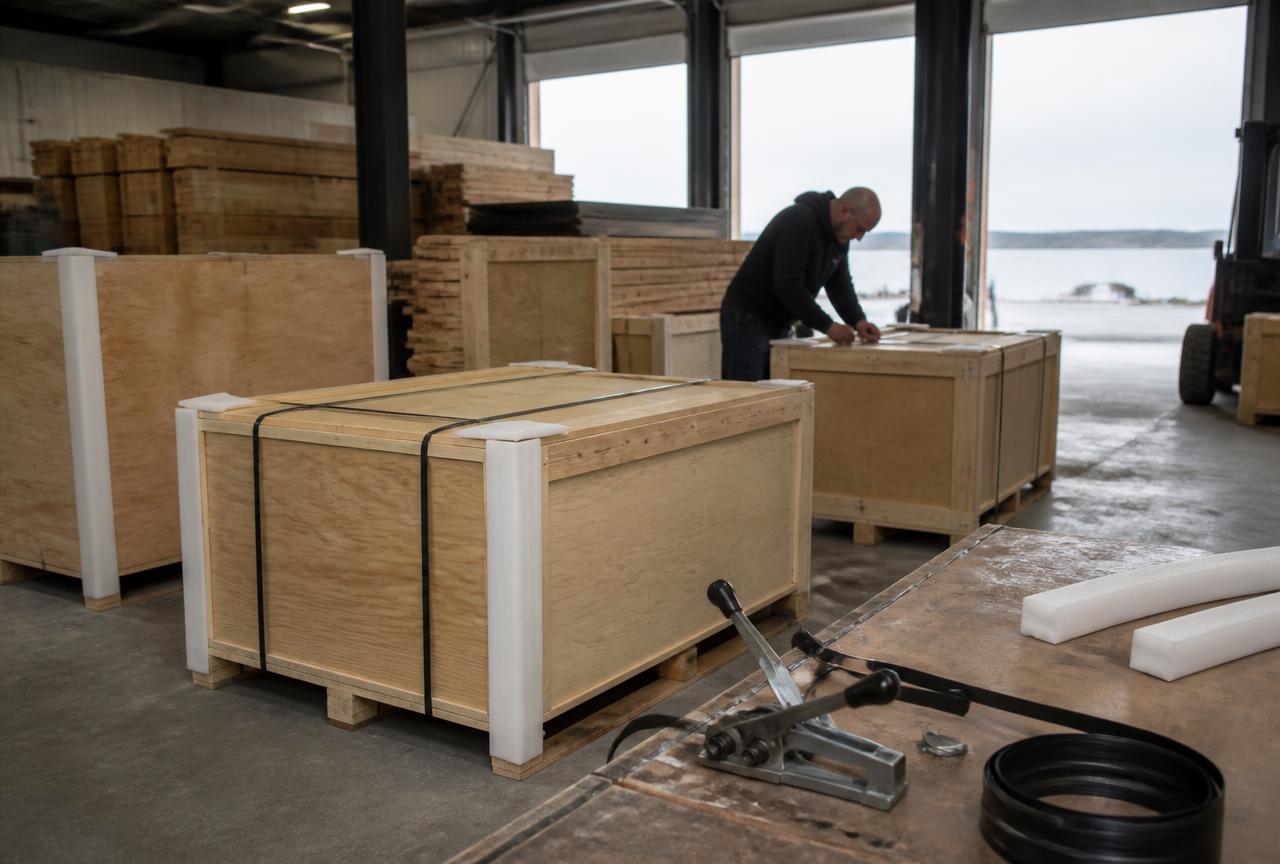 Plywood export cases and timber crates being banded in a packing bay