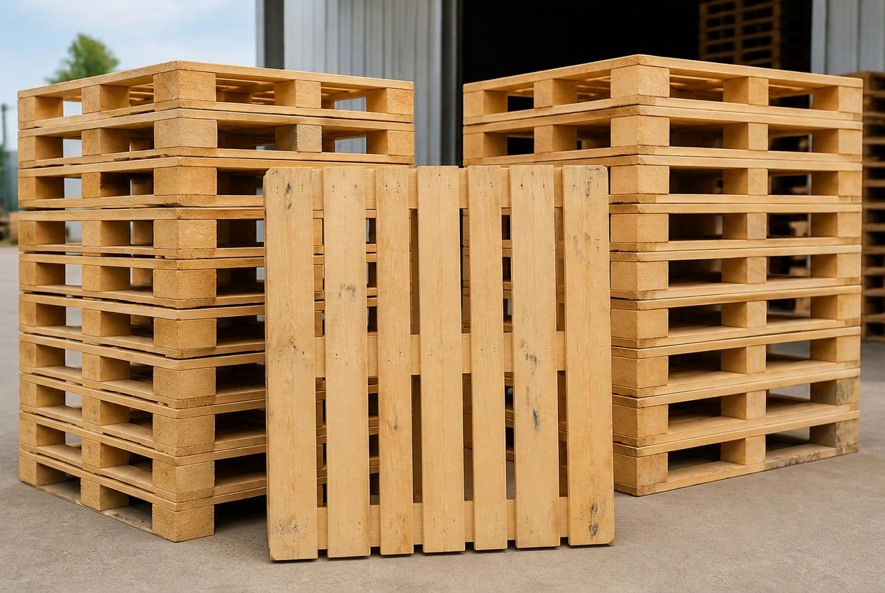 Used wooden pallets graded and stacked for reconditioning